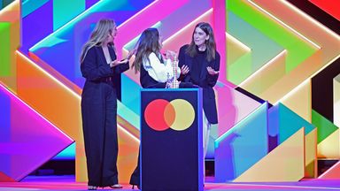 Haim accept the award for International Group during the Brit Awards 2021 at the O2 Arena, London. Picture date: Tuesday May 11, 2021.    